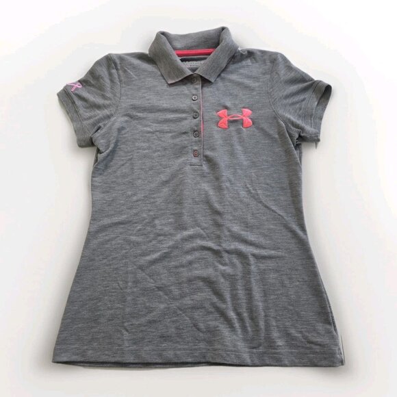 Under Armour Polo Women M Gray Pink Accents Heat Gear SS Semi Fitted Golf Active - Picture 1 of 13